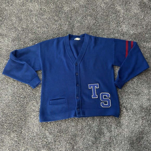 Vintage Broadway Varsity Cardigan Sweater Mens‎ XL Blue TS Patch Made USA 80s